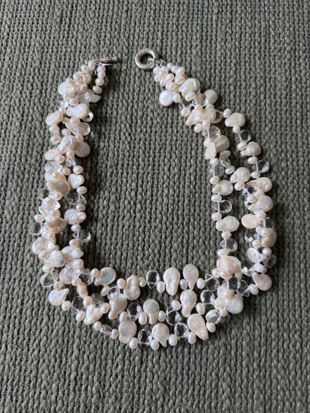 Lucas Robert Freshwater 3 strand Pearl and Crystal Necklace, Sterling toggle